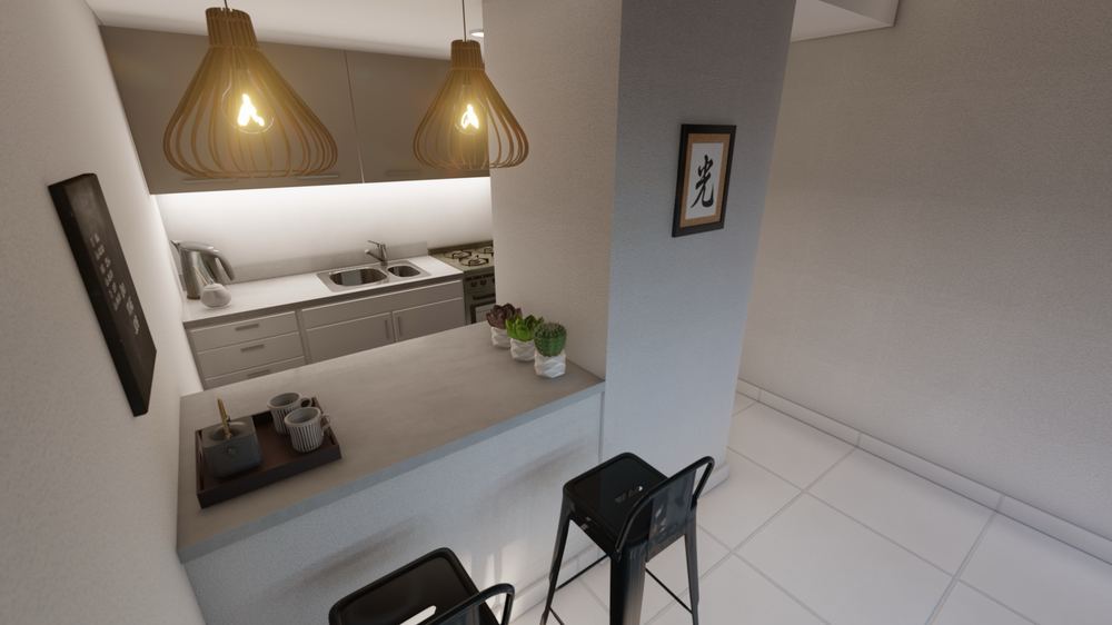 Render — cocina con barra