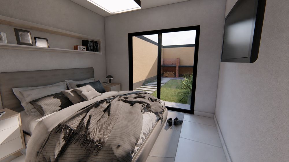 Render — dormitorio con salida a patio